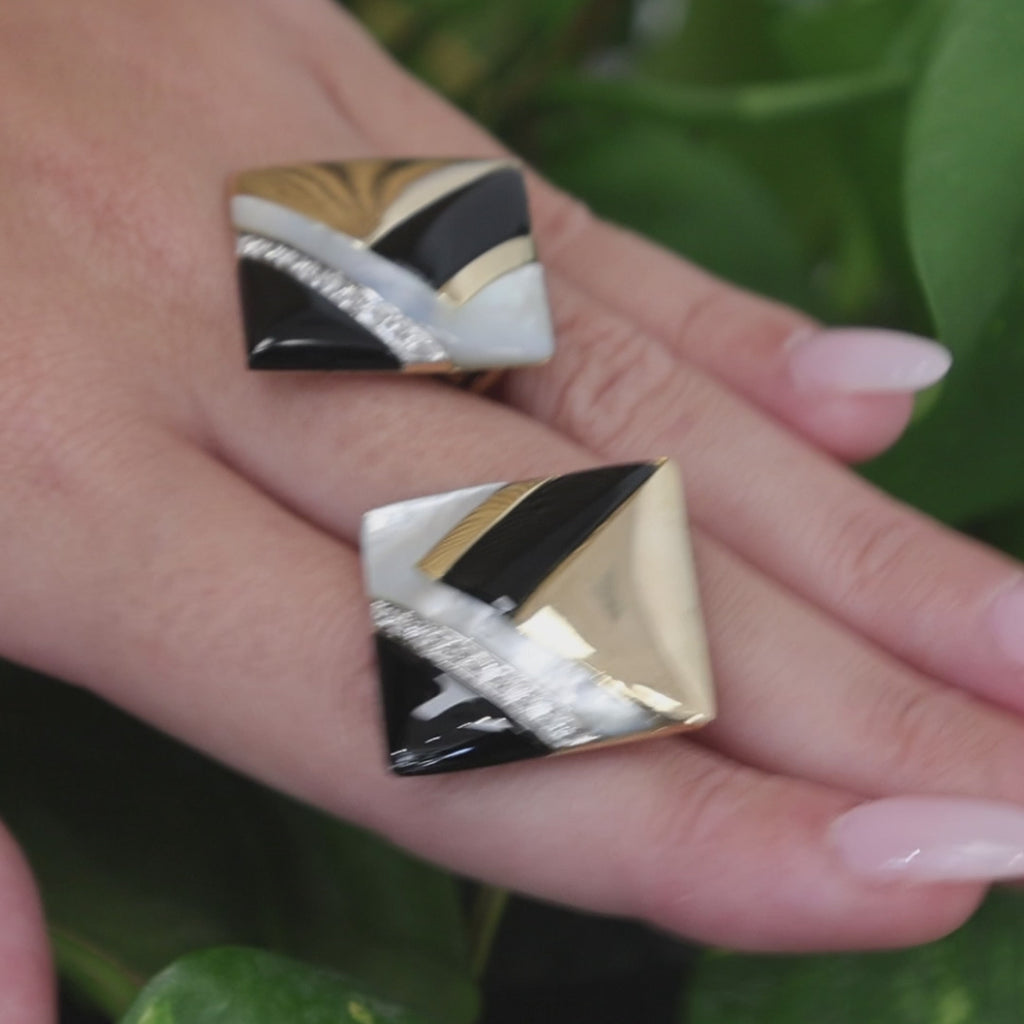 14K Two Tone Gold Onyx Mother of Pearl Diamond Square Omega Back Earrings
