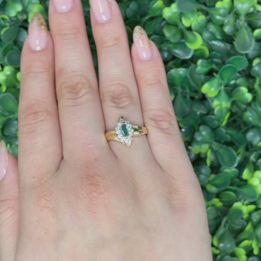 Emerald Diamond Floral Cocktail Ring 14K Yellow Gold 0.42 CTW Size 7.5 Ladies