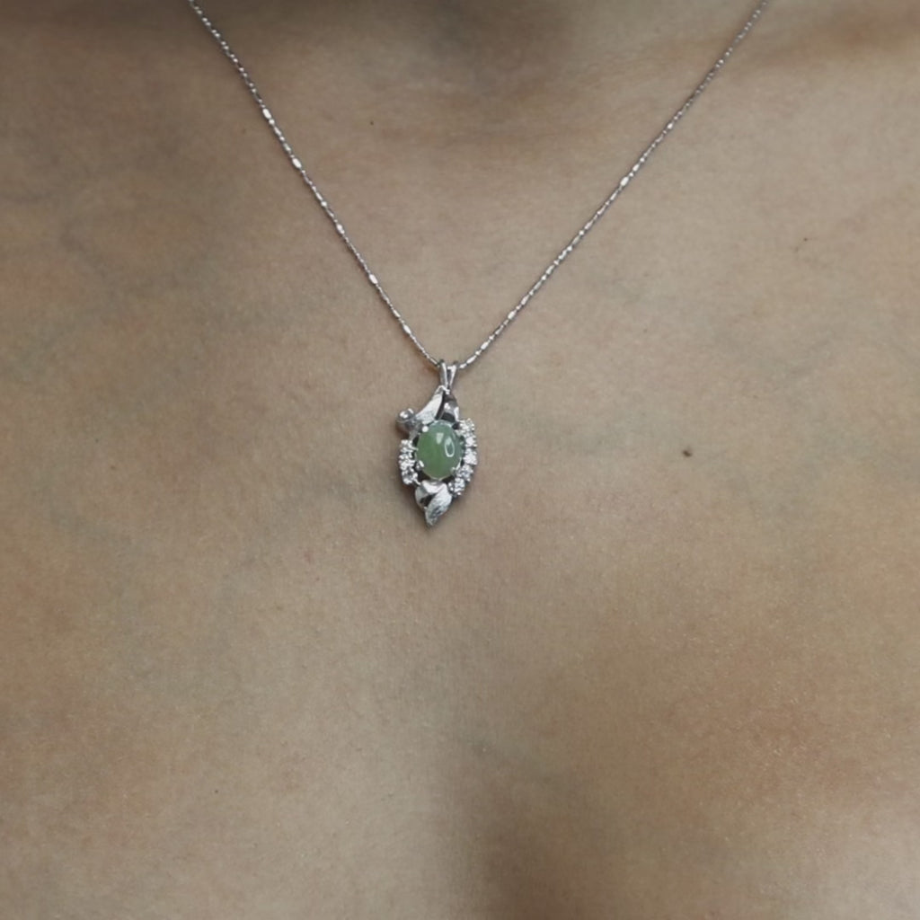 Jadeite Diamond Pendant Chain Necklace 14K White Gold 18" Ladies Estate