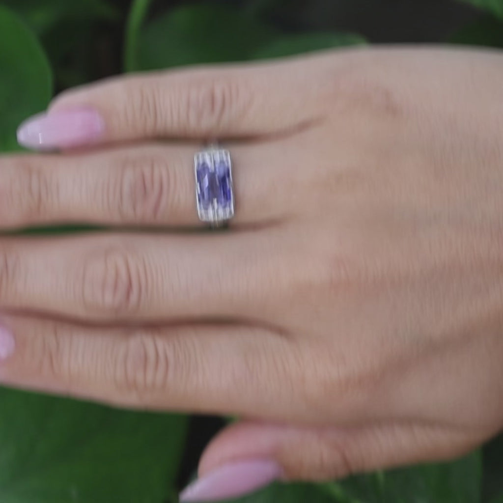 10K Two-Tone Gold 2.40CT Blue Lab Grown Sapphire Filigree Art Deco Style Ring