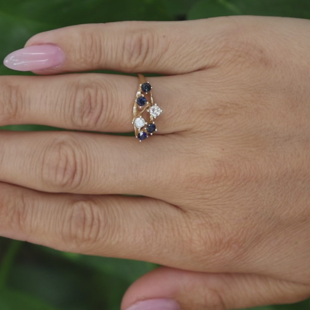 Blue Sapphire Diamond Openwork Yellow Gold Ring Size 5.5