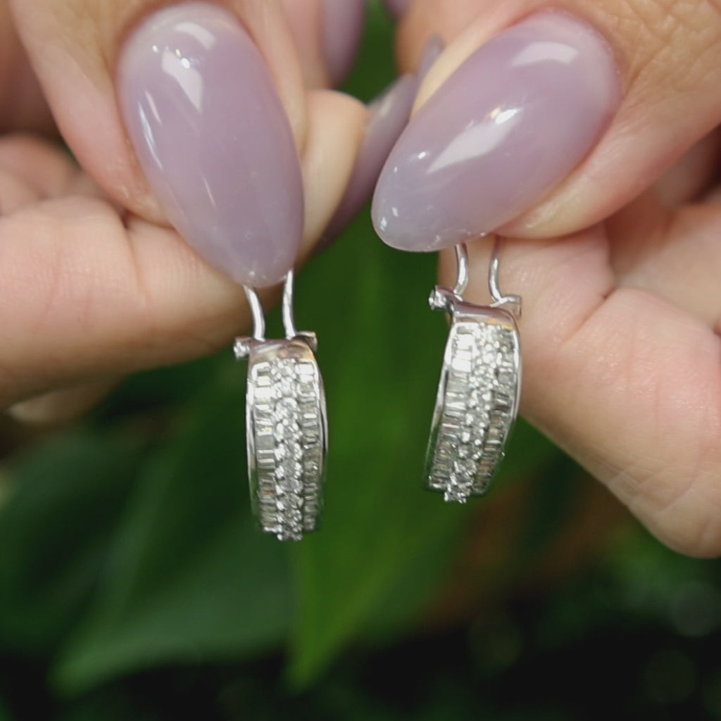 1.00 CTW Natural Round Baguette Diamond Omega Back Earrings 14K White Gold