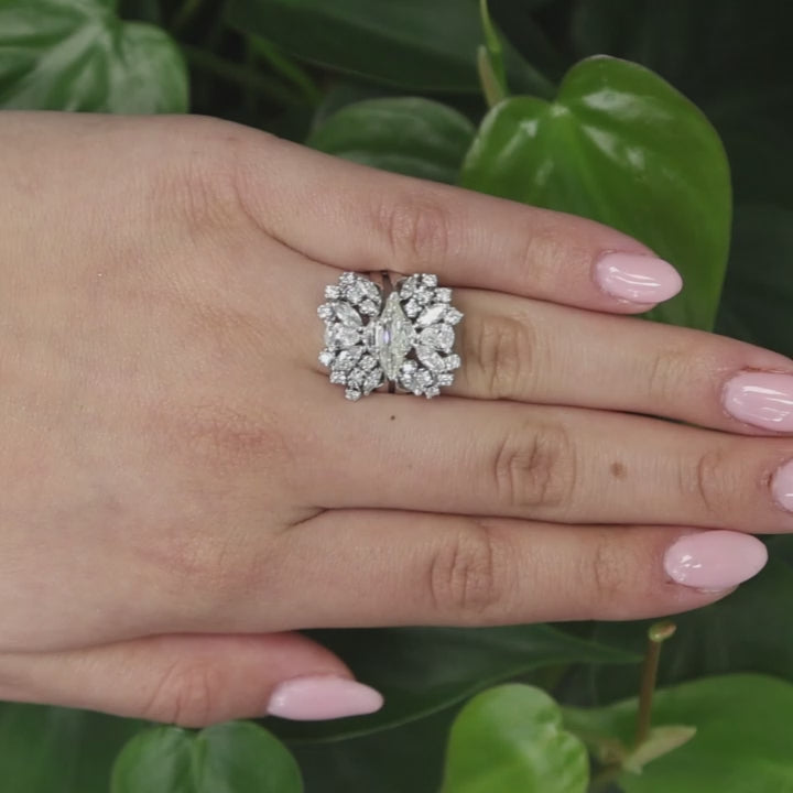 3.07 TW Marquise Pear Round Diamond Floral Cocktail Ring 14K White Gold SZ 8.75