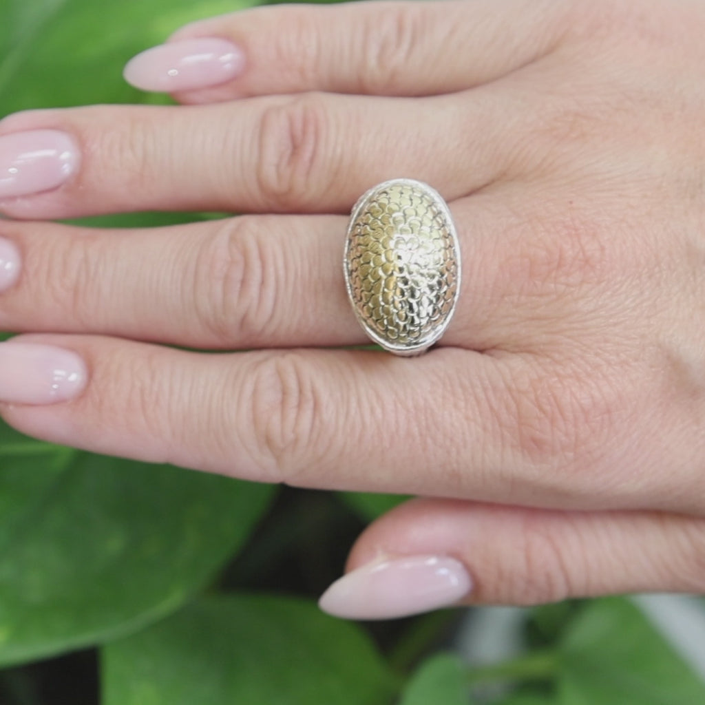 John Hardy Signature Dot Oval Ring Sterling Silver 18K Yellow Gold Size 6.75