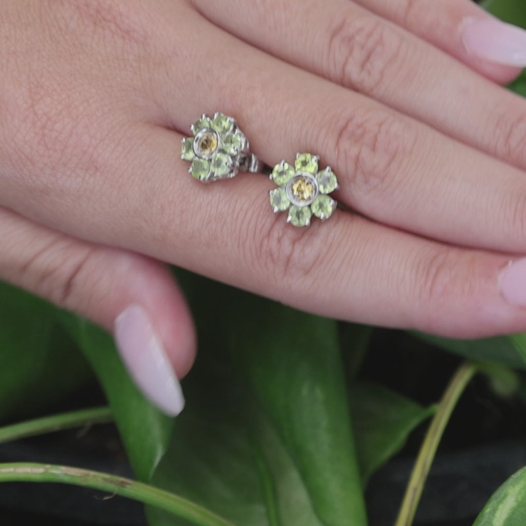 Vintage White Gold Natural Peridot Brown Yellow Diamond Flower Stud Earrings