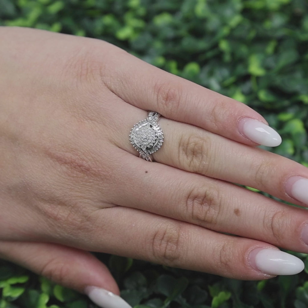 Cluster Diamond Swirl Cocktail Ring 10K White Gold 0.75 TW Baguette Round Size 7