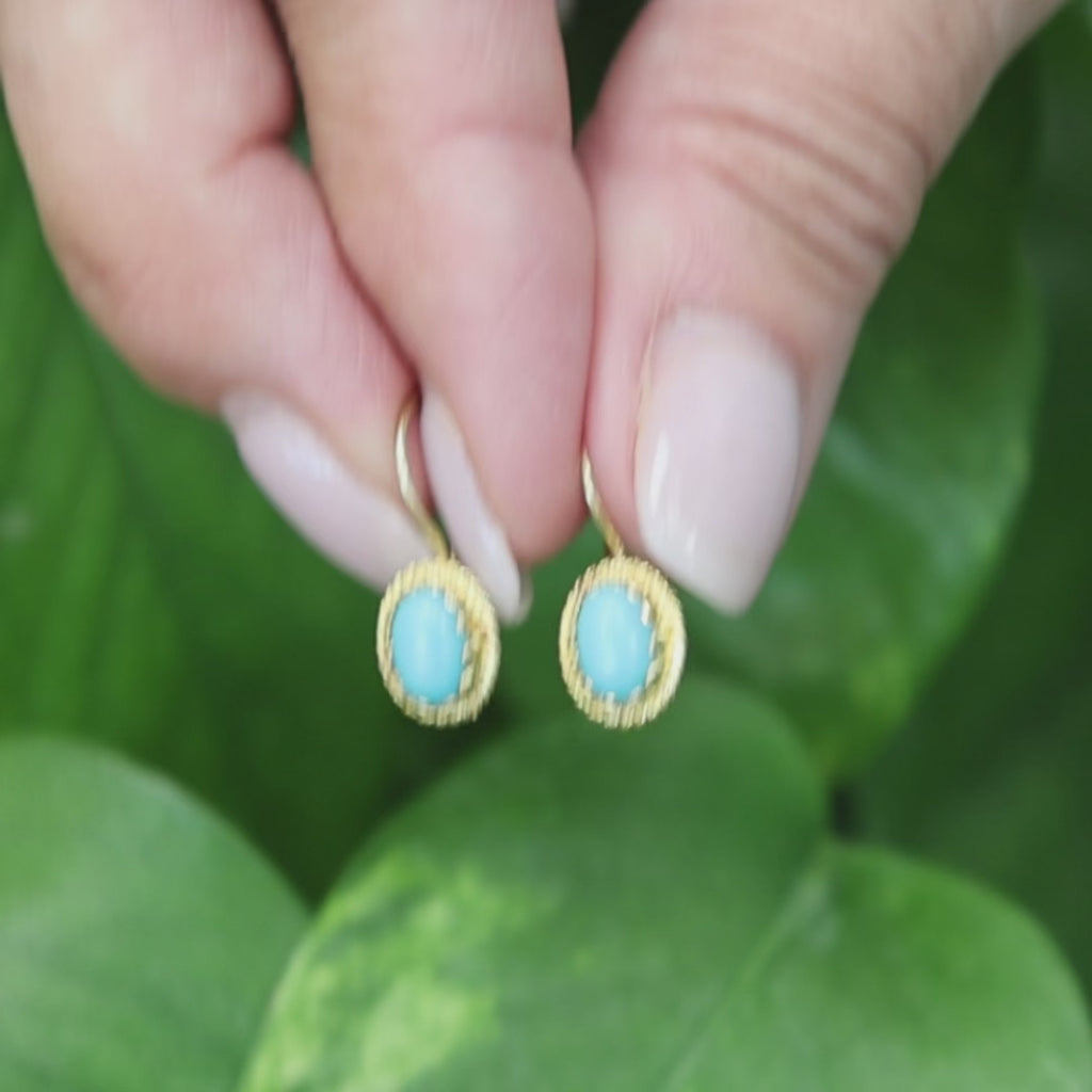 14K Yellow Gold Reconstituted Turquoise Cabochon Oval Rope Frame Dangle Earrings