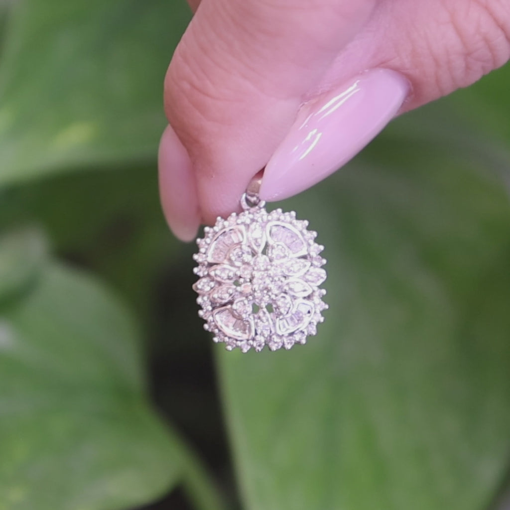 Diamond Floral Cluster Pendant 14K White Gold 1.00 CTW Round Baguette