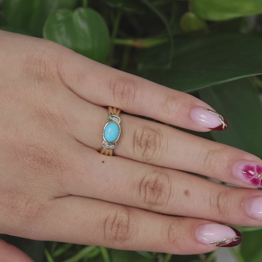 Turquoise Diamond Cocktail Band Ring 10K Gold Size 7.25 Ladies Estate