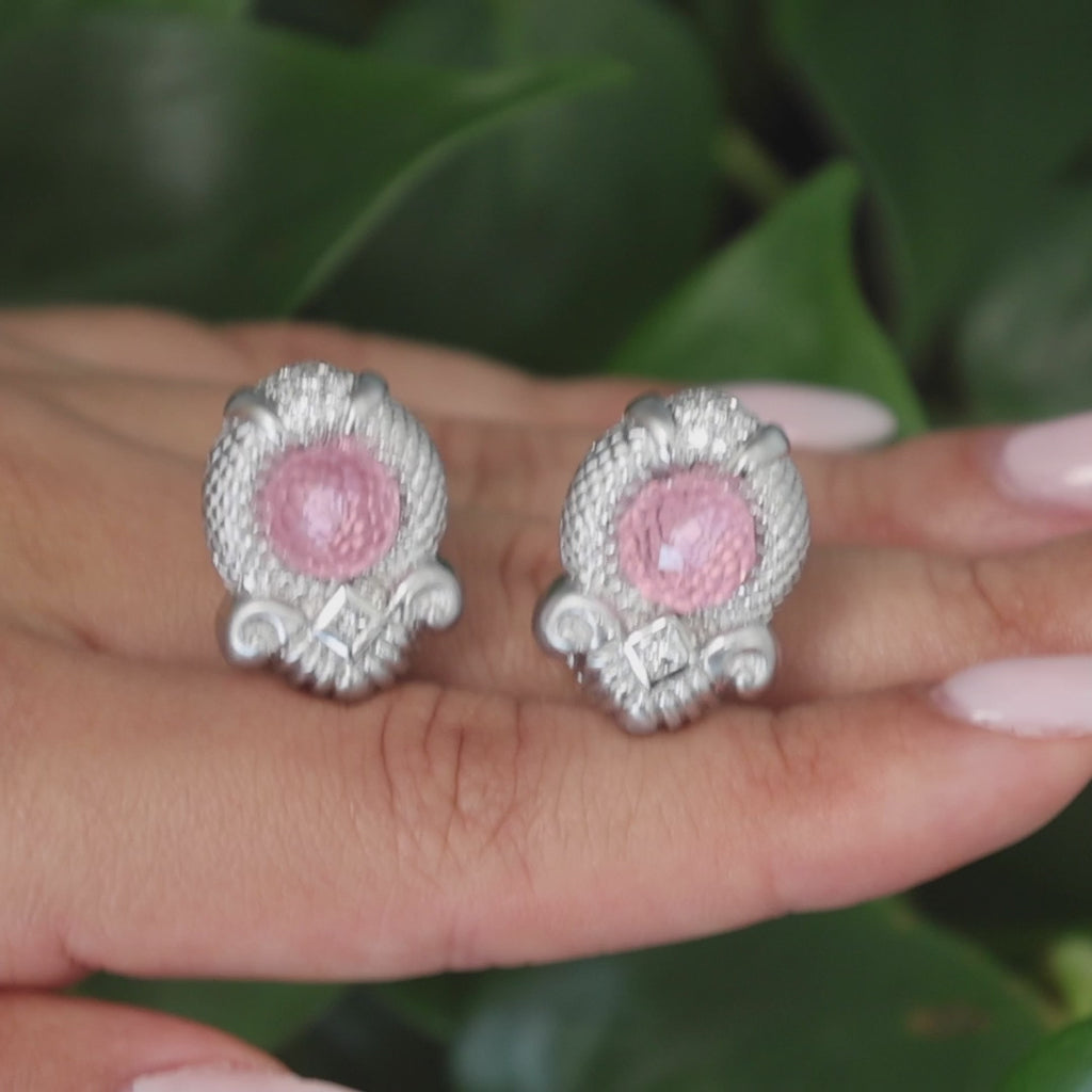 Judith Ripka Pink Topaz Diamond Earrings 18K White Gold Omega Backs 0.45"