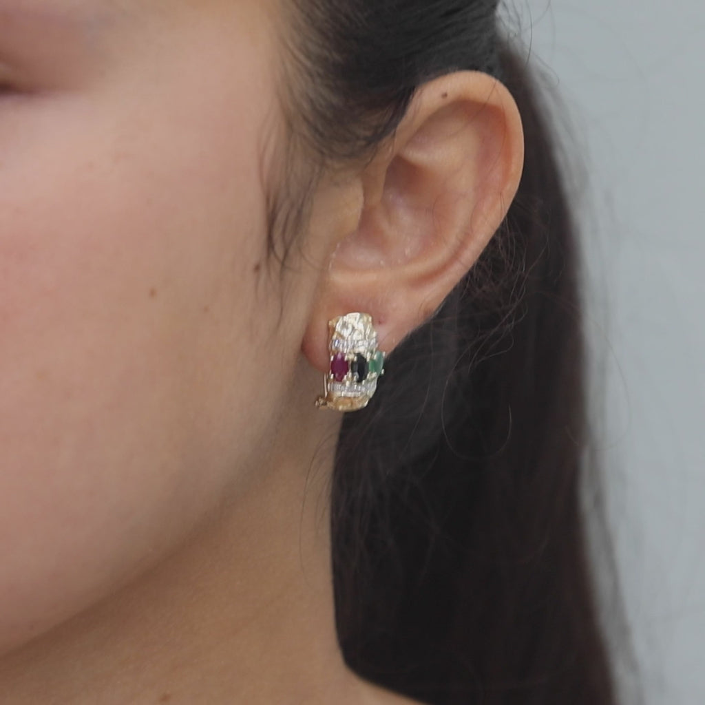 Multi Gemstone Diamond J Hoop Earrings 14K Gold Omega Backs 4.47 CTW 0.60"