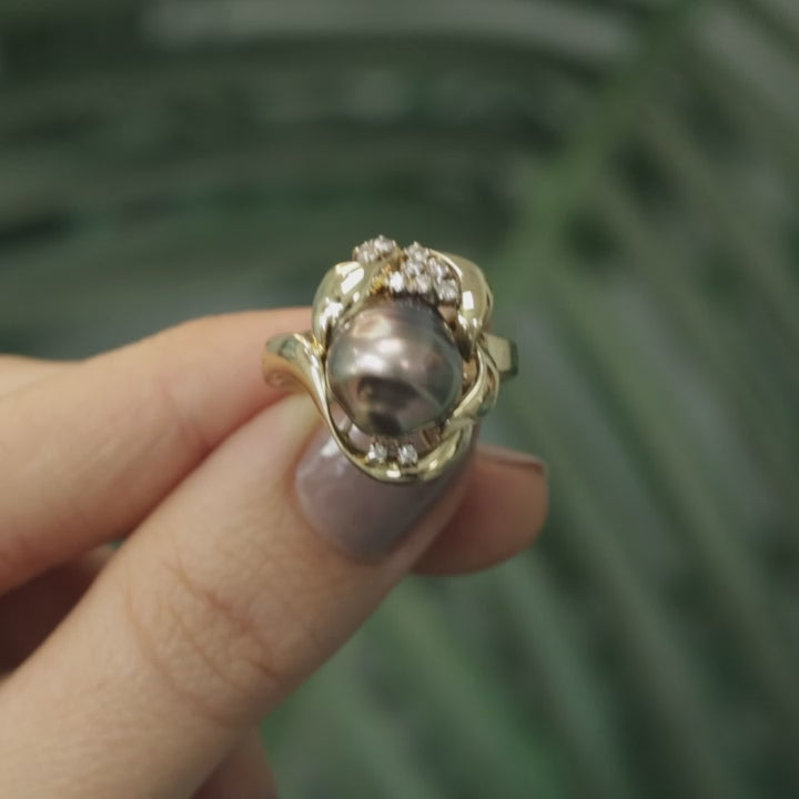 Black Pearl And Diamond Cocktail Ring 18K Yellow Gold 0.20 TW Size 7.75 Ladies