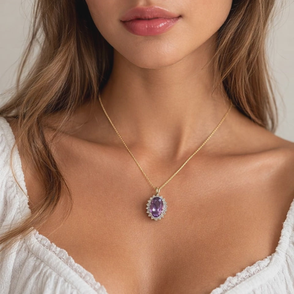 Amethyst Halo Diamond Floral Pendant Chain Necklace 14K Gold 6.25 CTW 21.5"