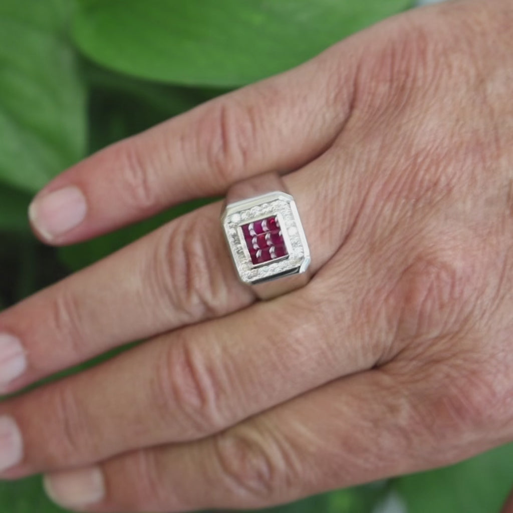 Estate White Gold Ruby Halo Diamond Men's Ring Size 11.5 13.0g