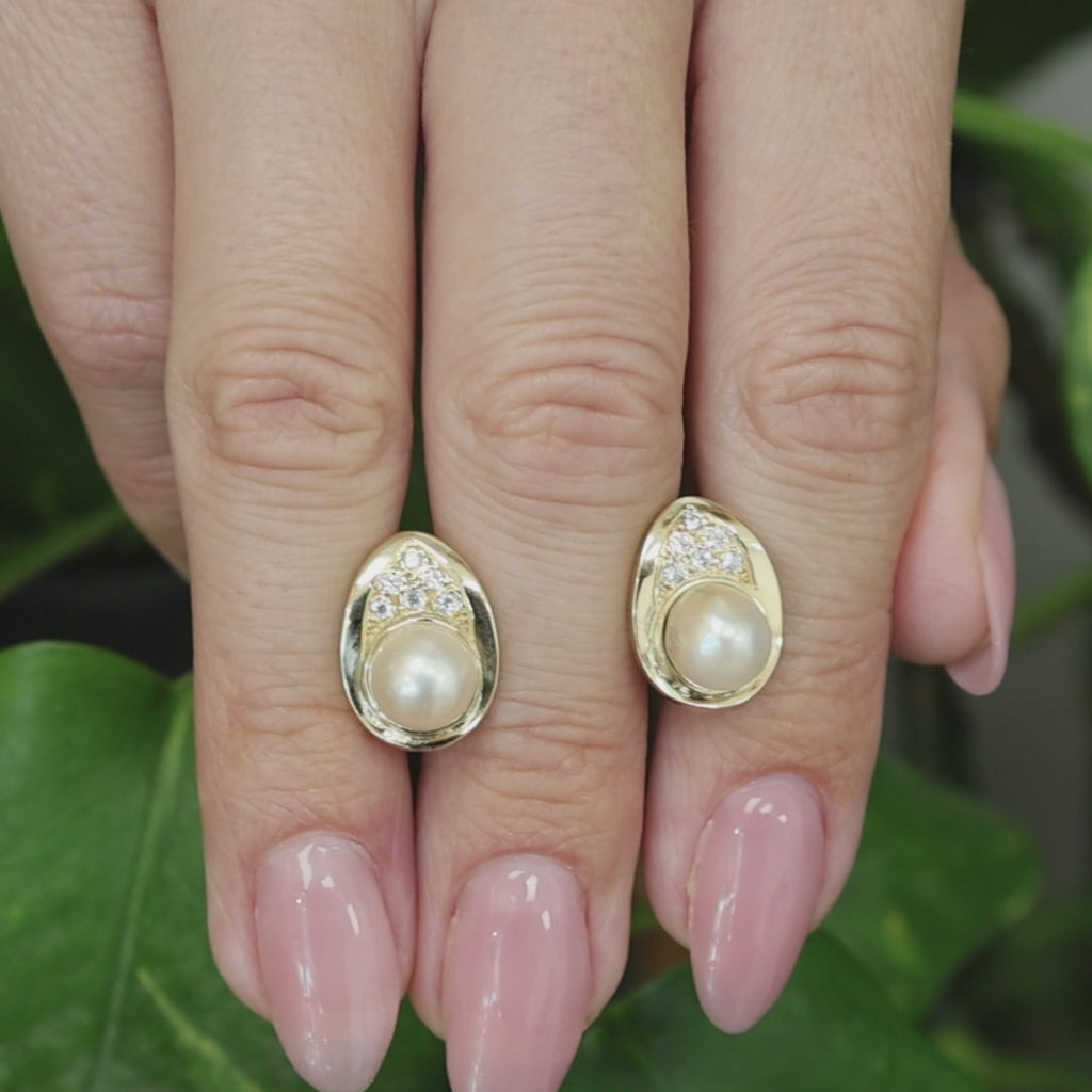 Yellow Gold Akoya Cultured Pearl Diamond Stud Earrings 7.6mm Estate Omega Style