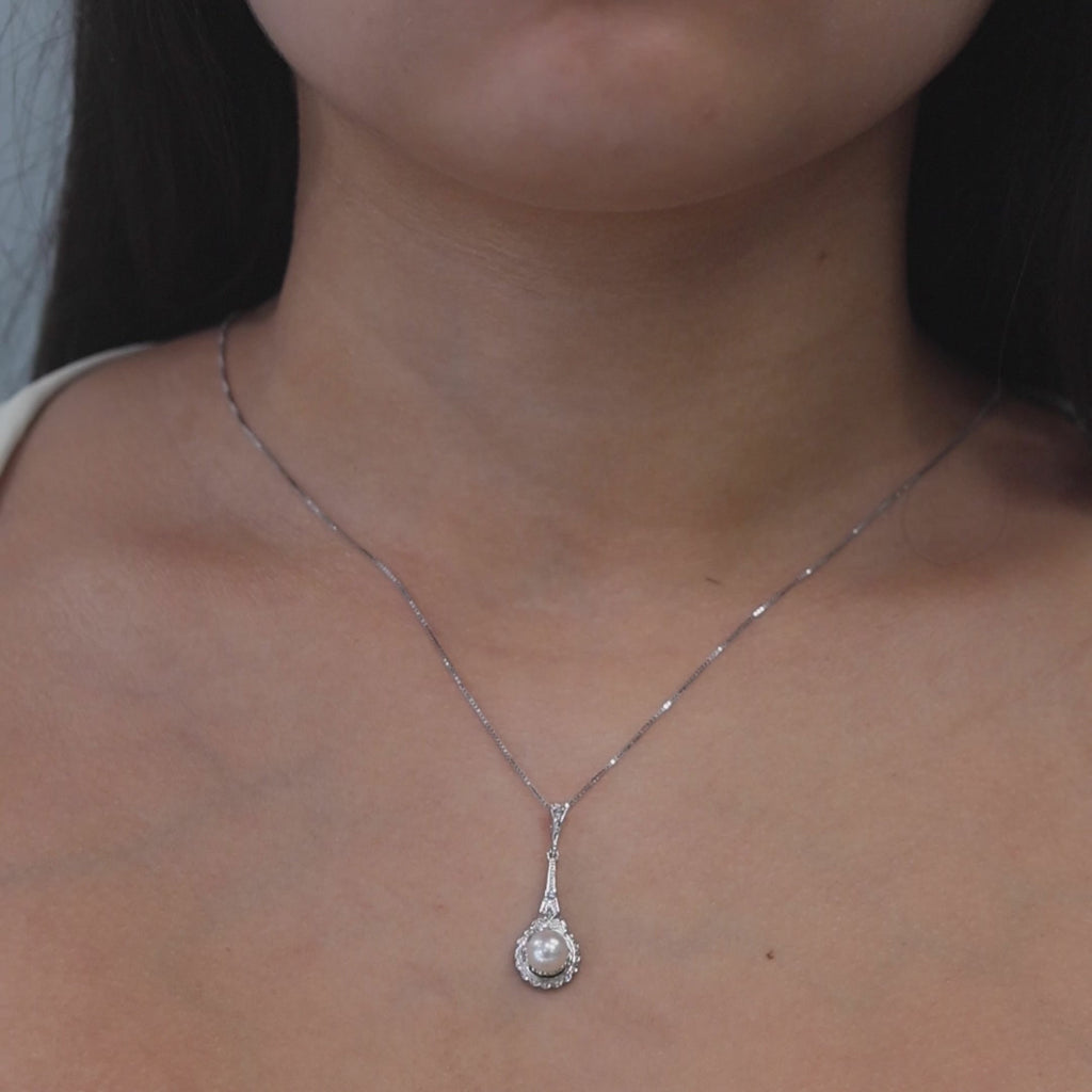 Vintage Pearl Diamond Pendant 14K White Gold 1.20" Ladies Estate