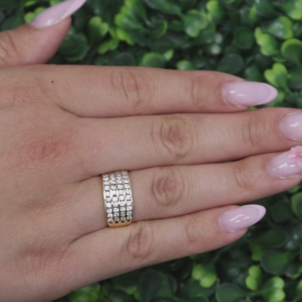14K Yellow Gold 4 Row CZ Diamond Look Wide Band Ring Channel Set Size 6