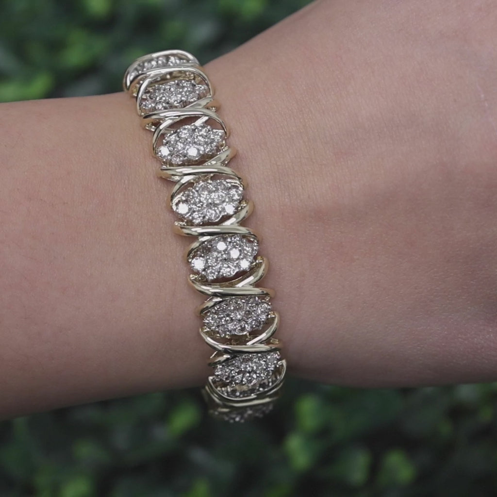 15.00 TW Cluster Diamond X Link Wide Bracelet 14K Gold 7.25" Ladies Estate