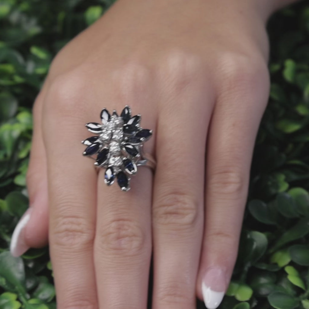 14K White Gold 3.42CTW Blue Sapphire Diamond Marquise Cluster Ring Size 4.75