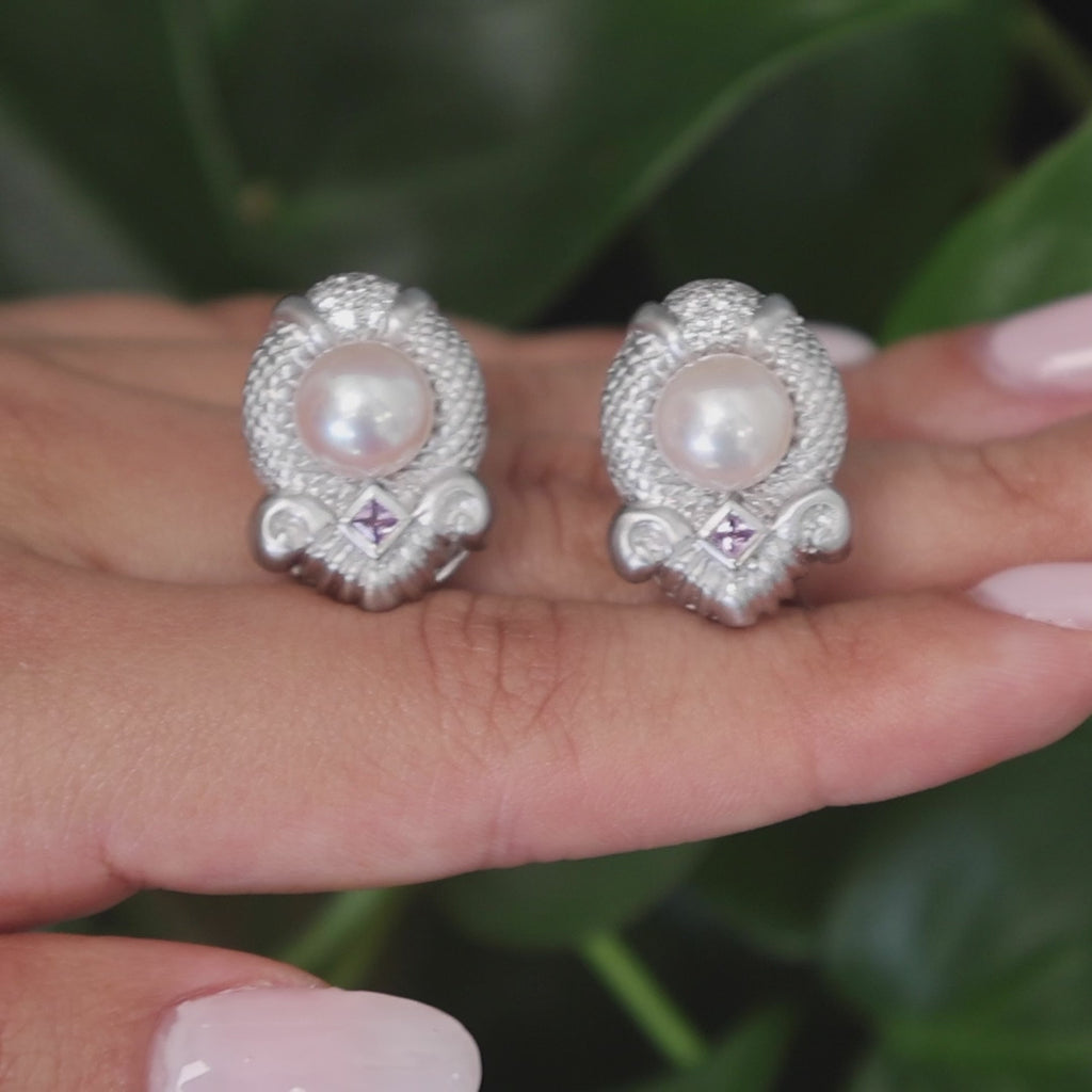 Judith Ripka Akoya Pearl Diamond Pink Topaz Earrings Omega Backs 18K W/G Ladies