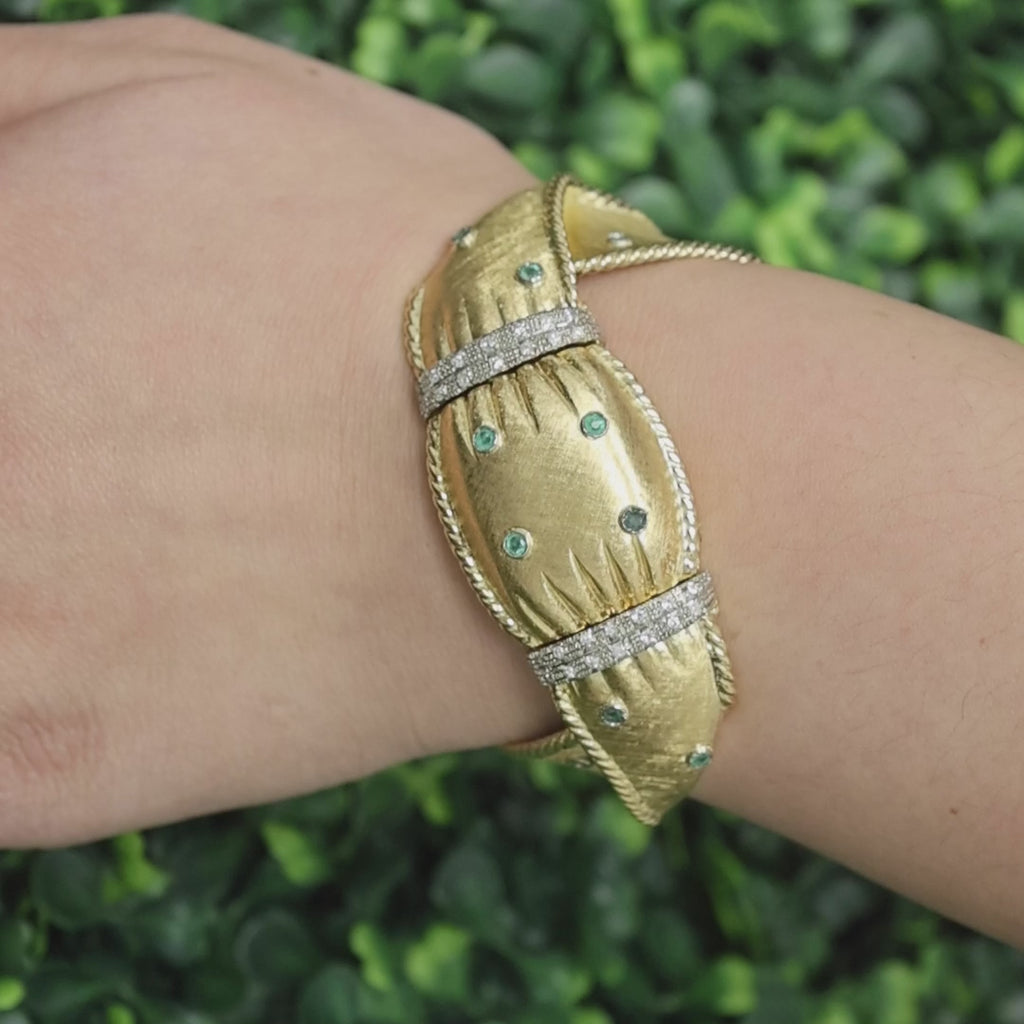 Ladies 1970s Omega Cover Case Watch Bracelet 18K Gold Diamonds Emeralds 6.75"