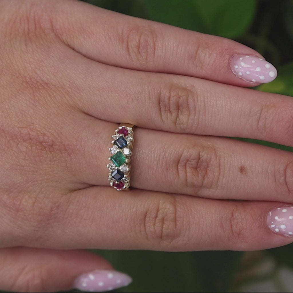 Ruby Sapphire Emerald Diamond Band Ring 14K Yellow Gold 1.37 CTW Size 8.5 Estate