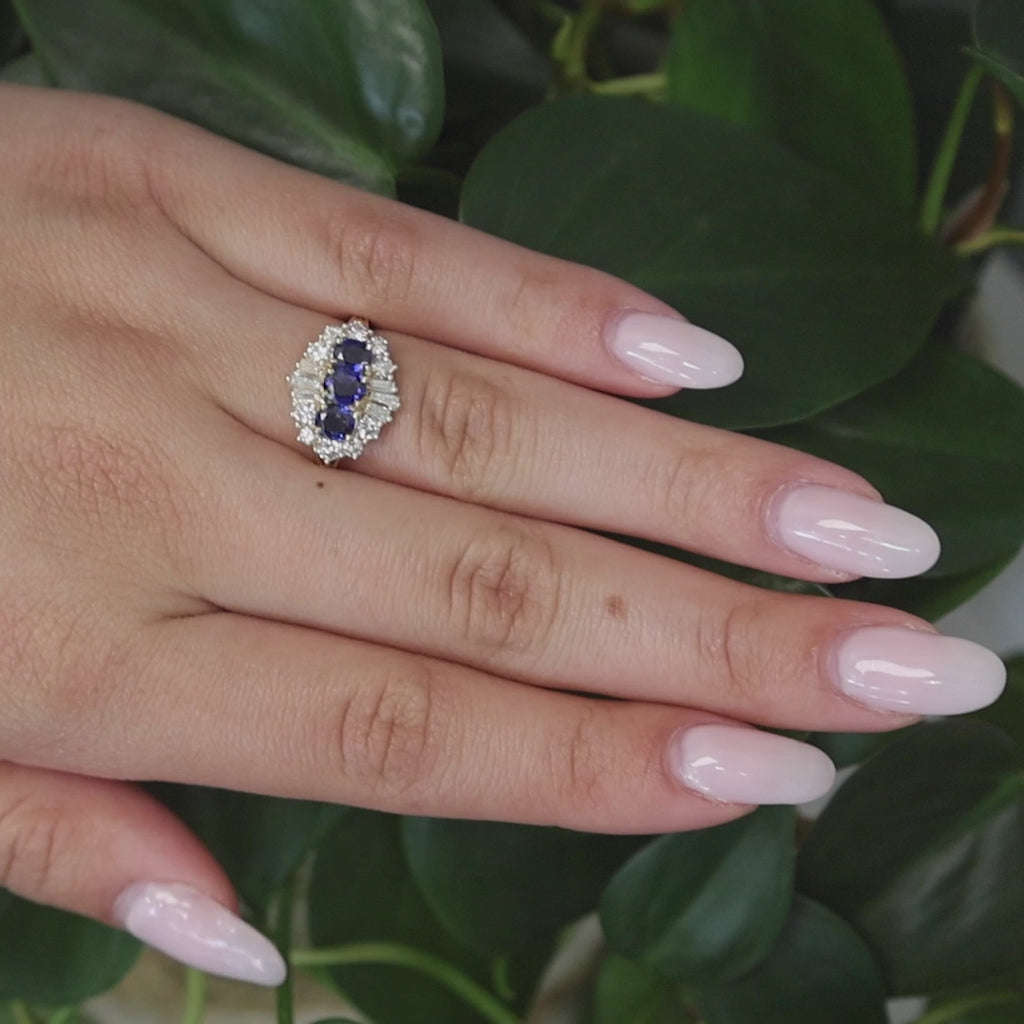 Sapphire Diamond Cocktail Ring 18K Yellow Gold 2.06 CTW Size 6.5 Ladies Estate