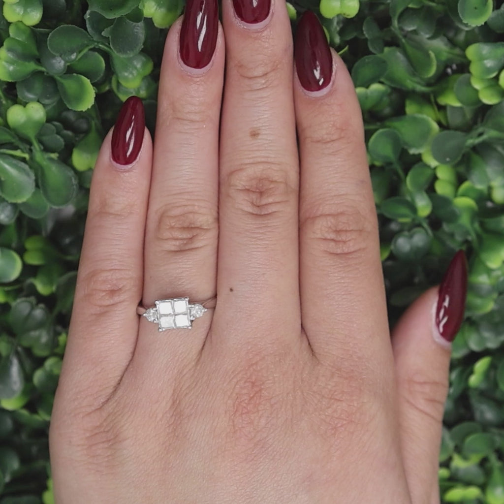 1.00 TW Princess Cut Cluster Diamond Ring 10K White Gold Round Accent SZ 7.25