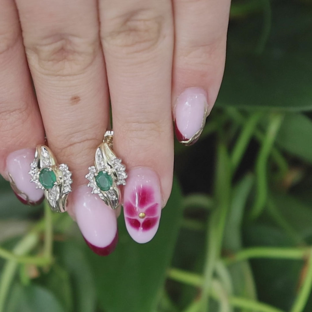 Emerald Diamond Floral J Hoop Earrings 10K Gold 0.94 CTW 0.60" Ladies Estate