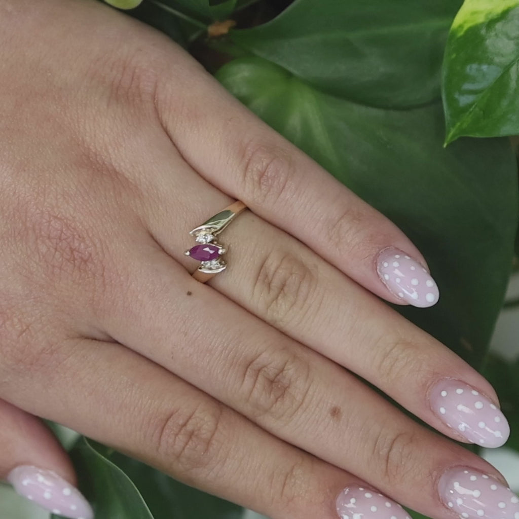 Ruby Solitaire Diamond Accent Cocktail Ring 14K Yellow Gold 0.34 CTW Size 6.25