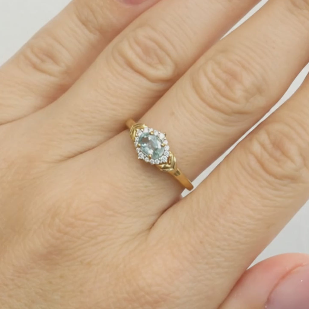 Blue Topaz White Topaz Halo Ring 9K Yellow Gold Size 7.25 Vintage Style