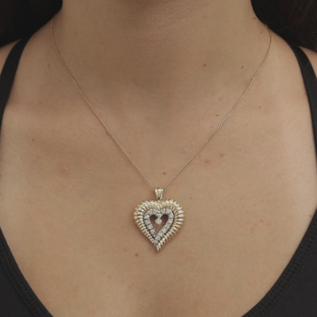 Two Tone Gold Diamond Heart Pendant 0.55 CTW Vintage Cluster 1.33"