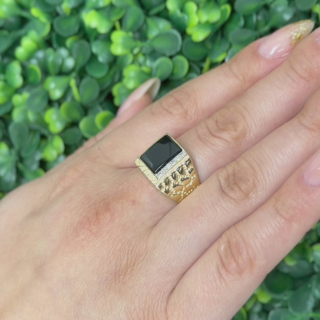 Men's Square Onyx Diamond Ring 10K Yellow Gold Size 9.75  Estate
