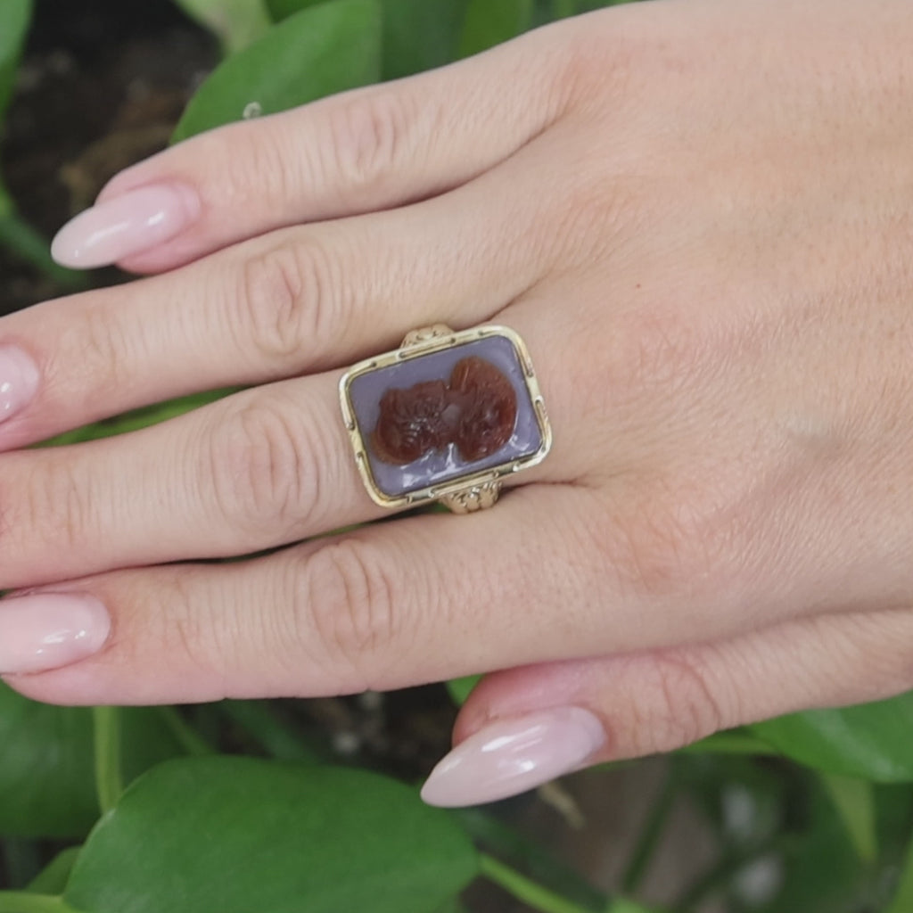 Victorian Style Two-Layer Sardonyx Chalcedony Banded Cameo Ring 14K Yellow Gold