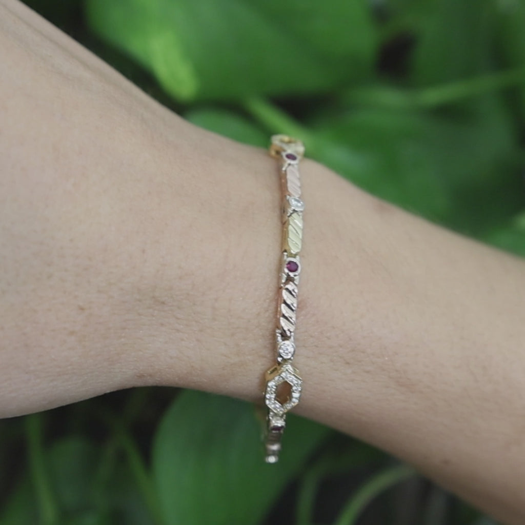18K Tri Tone Gold Ruby Diamond Tennis Bracelet 7" Estate 0.93CTW