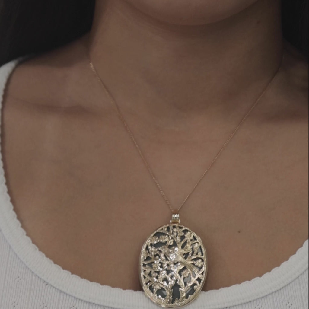 Oval Floral Bird Filigree Jade Pendant 14K Yellow Gold 2.45" Unisex Estate