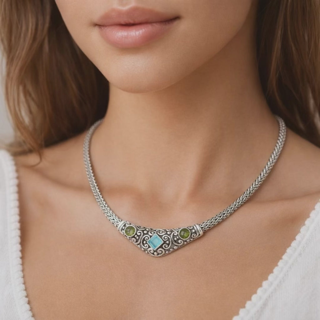 Blue Topaz Peridot Sterling Silver Wheat Chain Necklace 4.22 CTW 18.5"