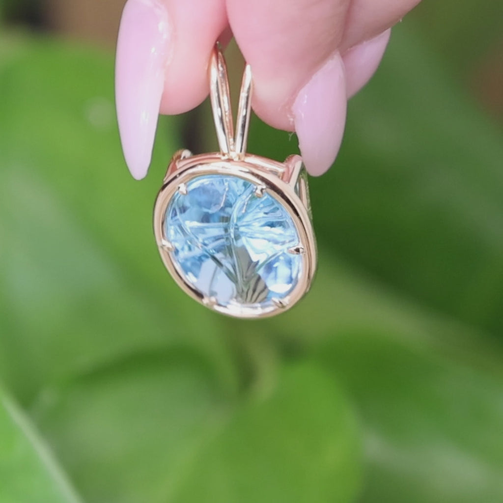 14K Carved Blue Topaz Pendant 16CT Fancy Cut Estate 14K Yellow Gold ANVIL