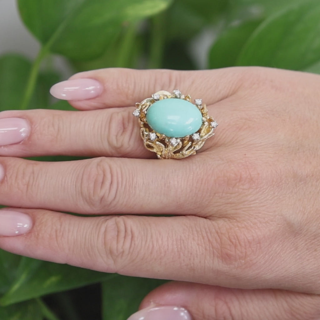 Vintage Brutalist Turquoise Diamond Statement Ring Two Tone Gold 0.25CTW Sz 5.25
