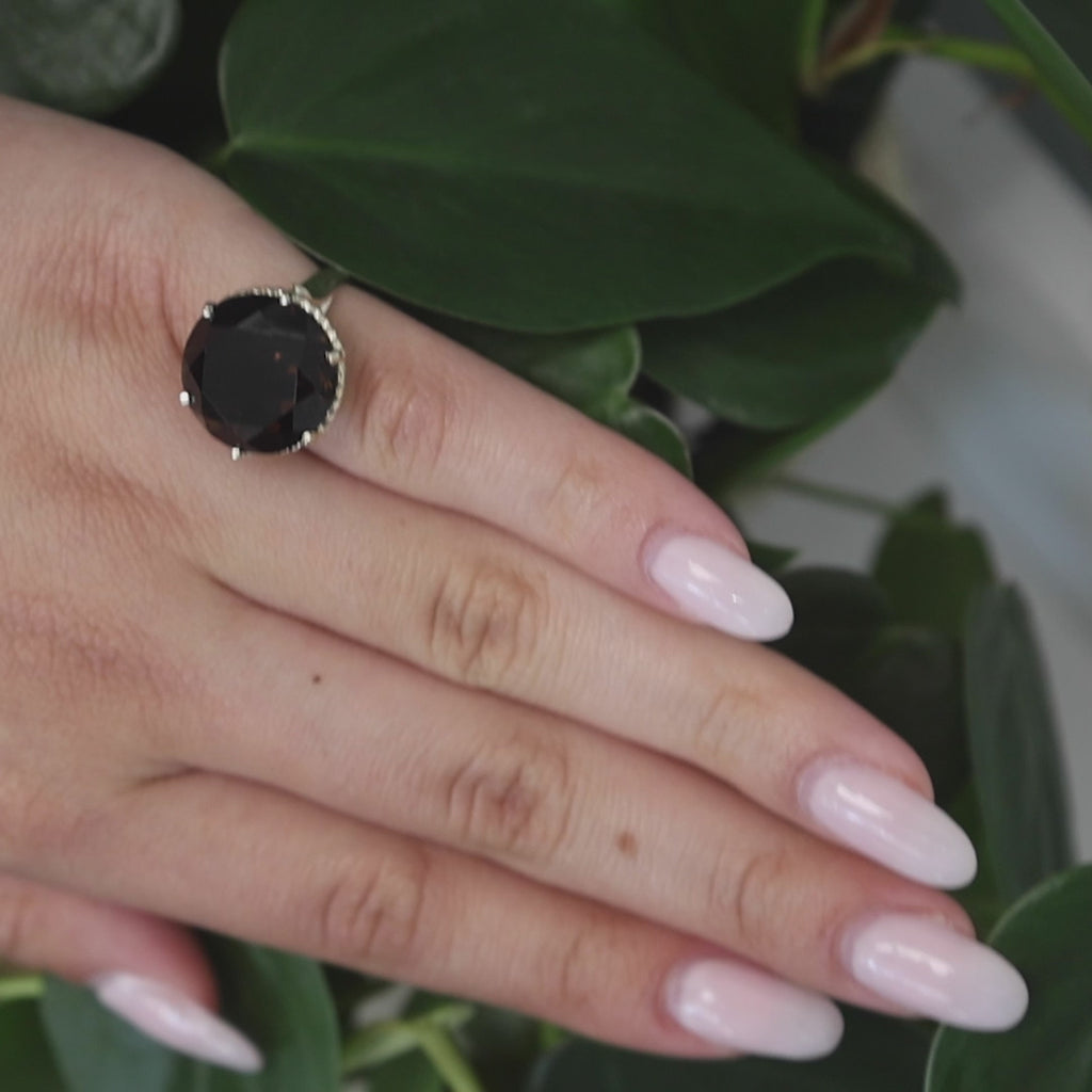 Smoky Quartz Solitaire Filigree Cocktail Ring 14.56 CT 14K Yellow Gold Size 4.75