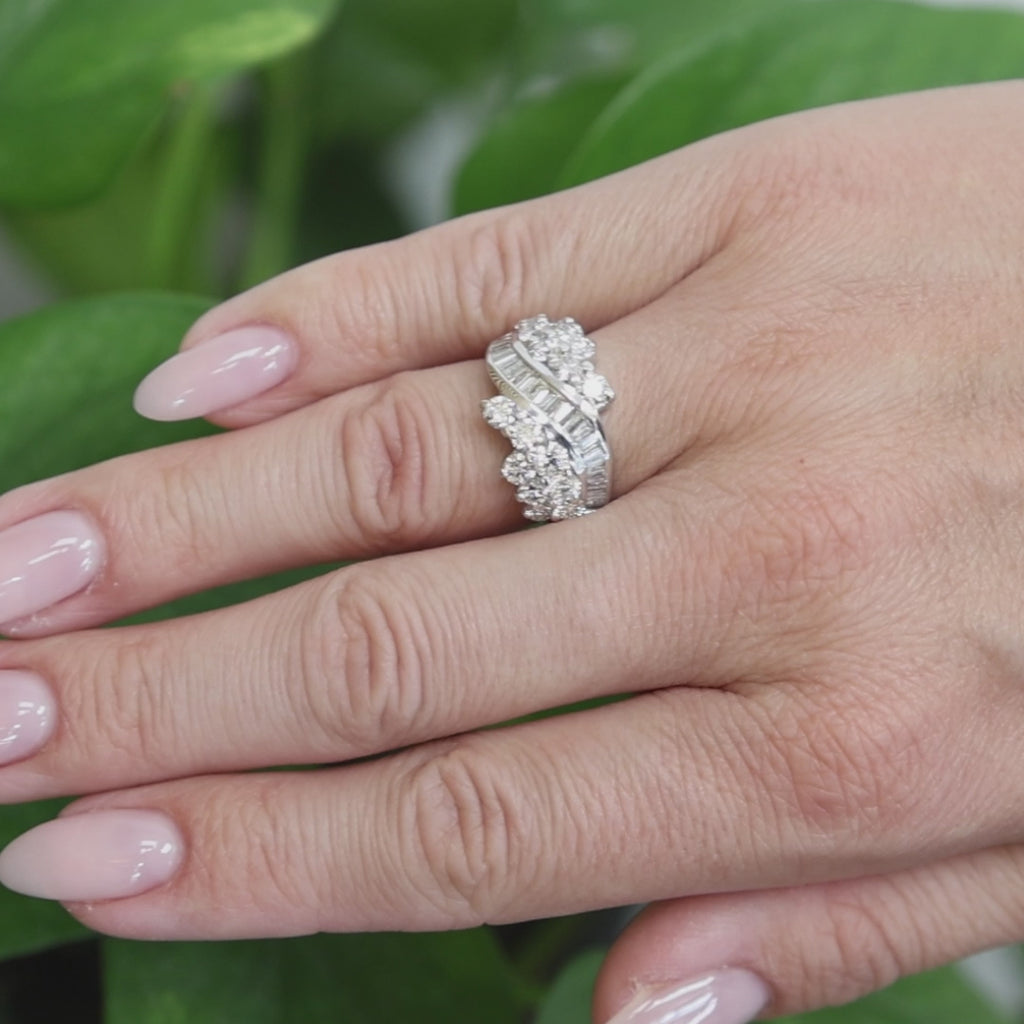 Natural Diamond Swirl Ring 14K White Gold 2.50 CTW Round Baguette Size 6.25