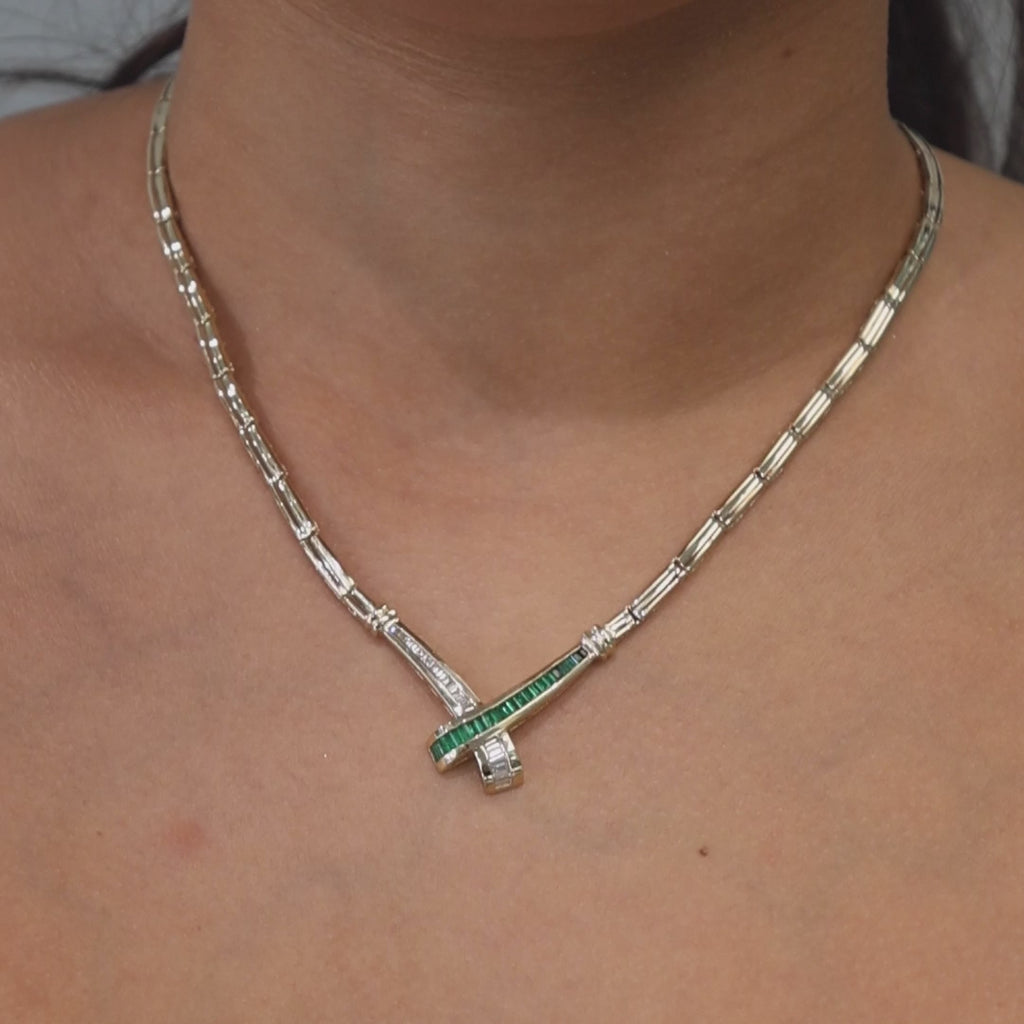 Emerald Diamond Crossover Drop Necklace 14K Yellow Gold 1.31 CTW 17" Ladies