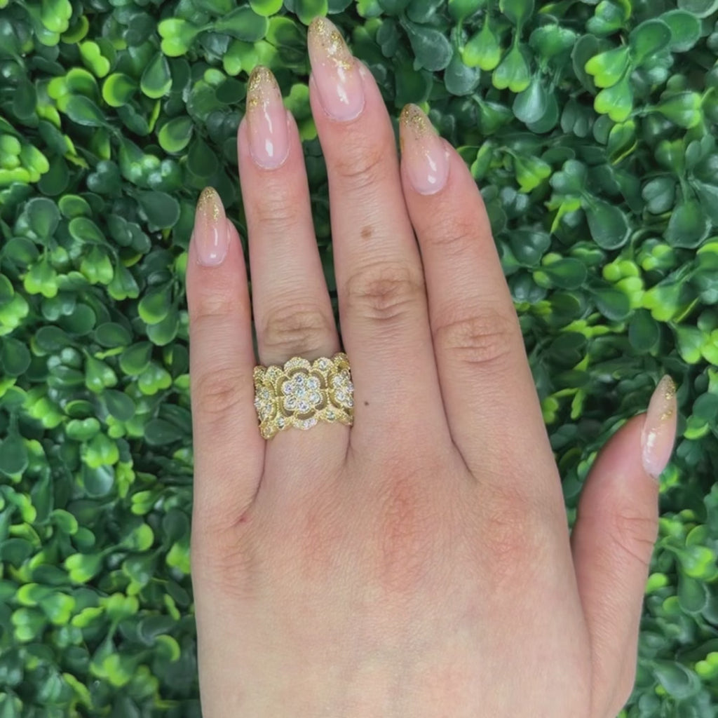 1.75 TW Diamond Floral Wide Band Ring 14K Yellow Gold Size 7.75 Ladies Estate