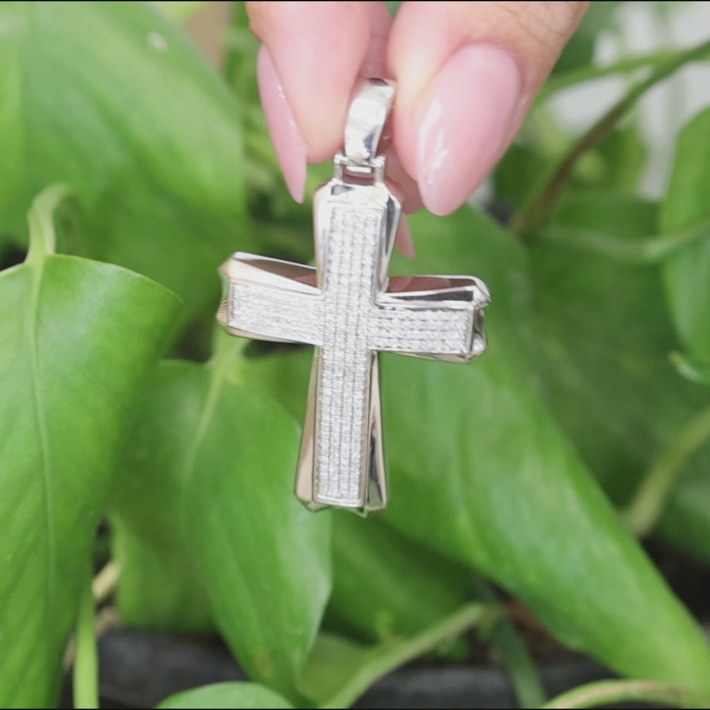 14K White Gold 1.00CTW Diamond Cross Pendant Large Estate Religious Charm