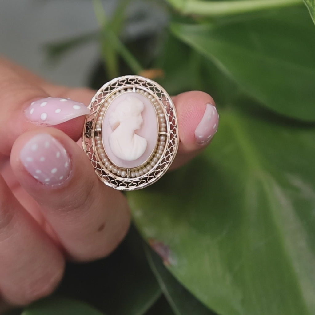 Vintage Cameo Pearl Brooch Pin 10K Yellow Gold Filigree Frame 1.05" Ladies