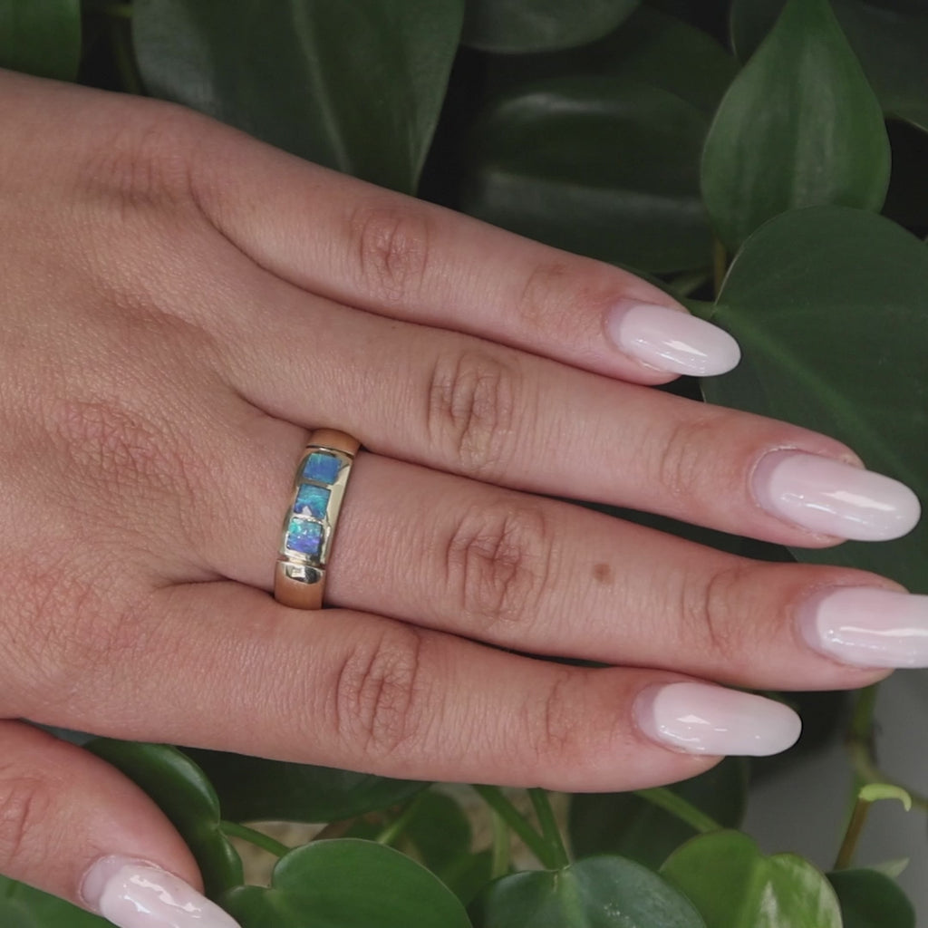 Bagley And Hotchkiss Opal Inlay Band Ring 14K Yellow Gold Size 10.5 Unisex
