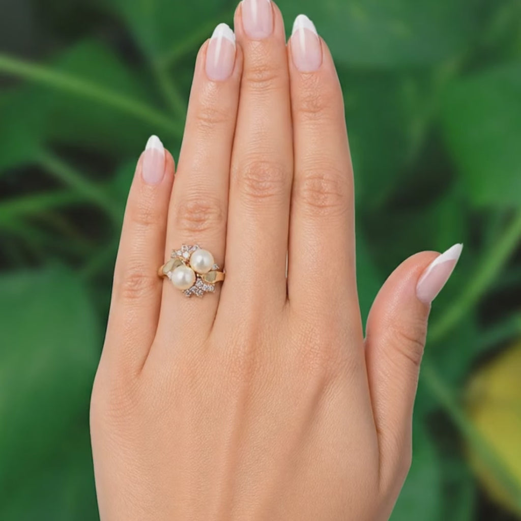 14K Yellow Gold Akoya Pearl Diamond Ring 0.50TW Two Pearl Cluster Size 5.5